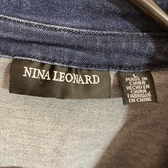Nina Leonard Mini Buttoned Denim Jean Short Sleeve Blue Pockets Dress Size Large - Picture 9 of 9